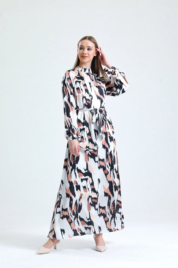 Brown Sleeve Lace Belted Chiffon Dress