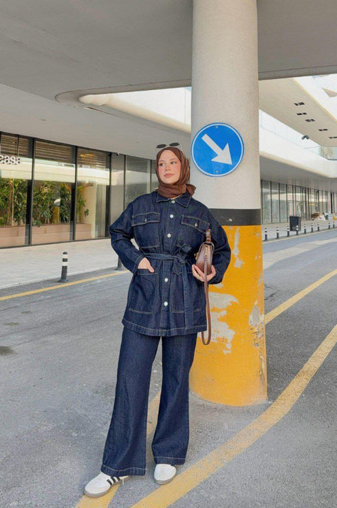 طقم جينز غامق جكيت وبنطلون