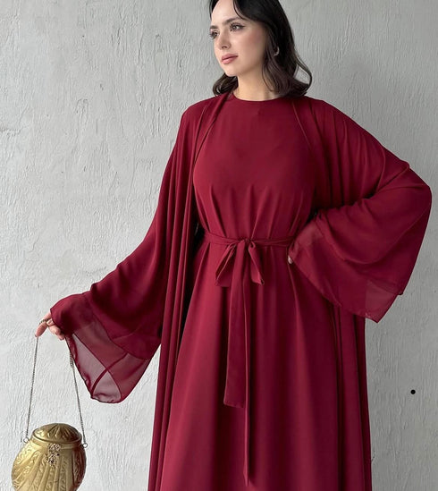 طقم فستان و عباية شيفون باللون البوردو