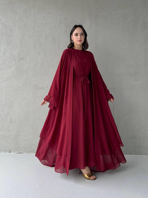 طقم فستان و عباية شيفون باللون البوردو