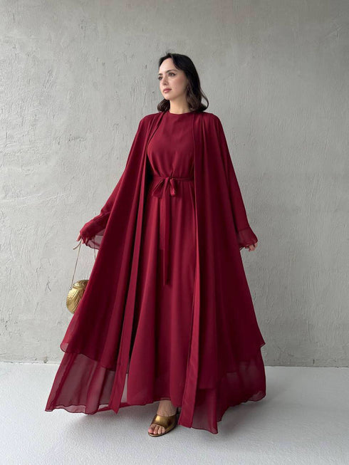 طقم فستان و عباية شيفون باللون البوردو