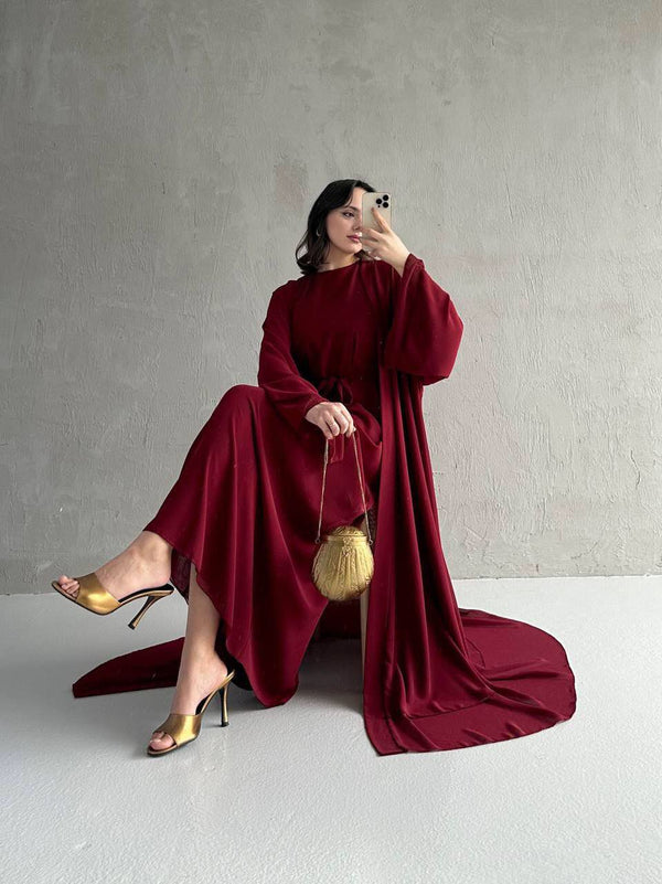 طقم فستان و عباية شيفون باللون البوردو