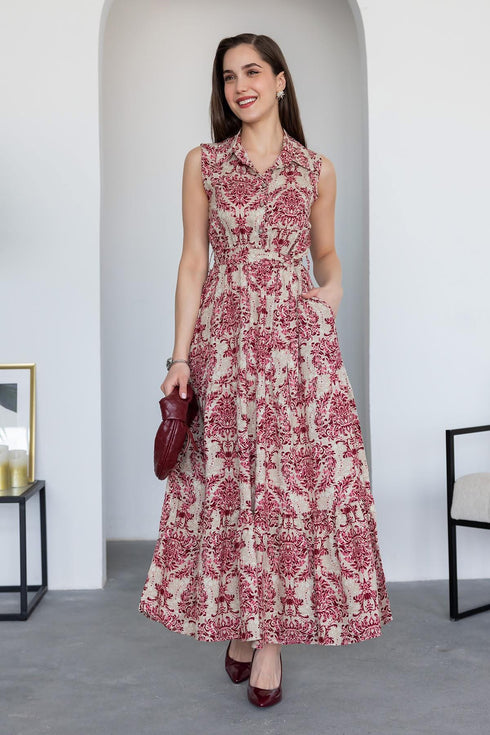 فستان بحزام - وردي