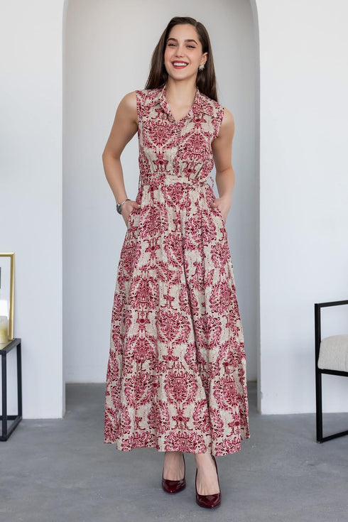 فستان بحزام - وردي