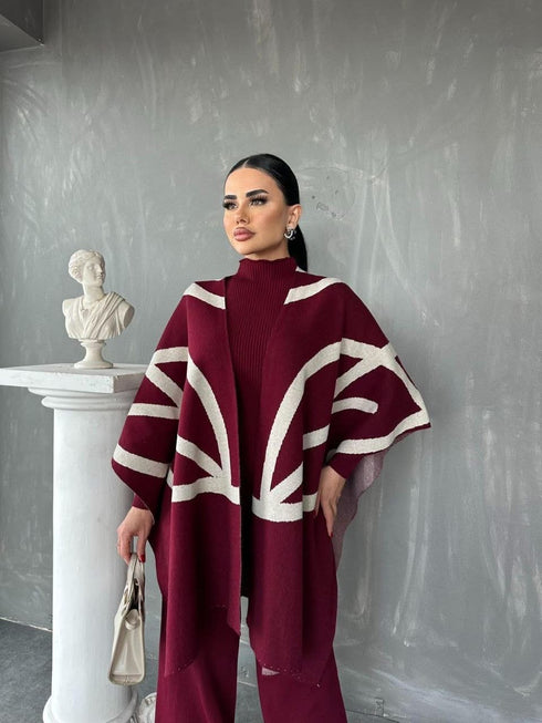 طقم صوف لون خمري 3 قطع