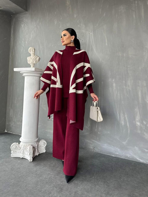 طقم صوف لون خمري 3 قطع