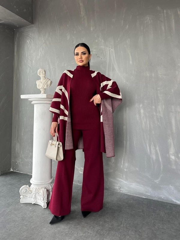 طقم صوف لون خمري 3 قطع