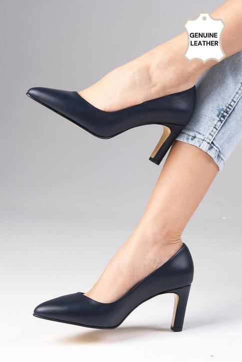 حذاء جلد حقيقي كعب عالي لون كحلي