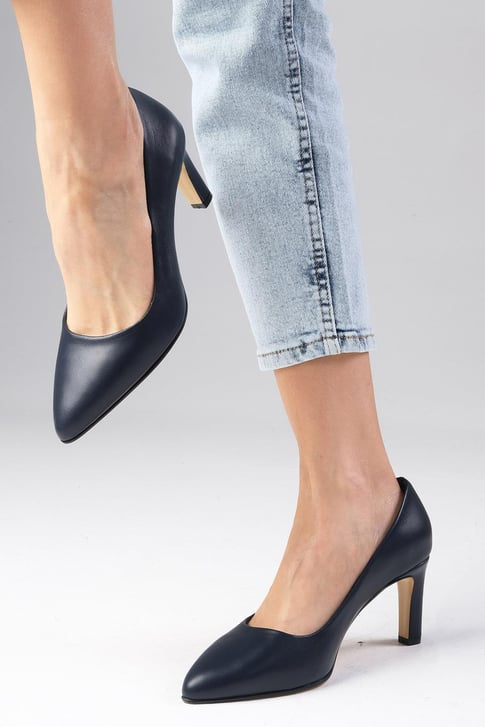 حذاء جلد حقيقي كعب عالي لون كحلي