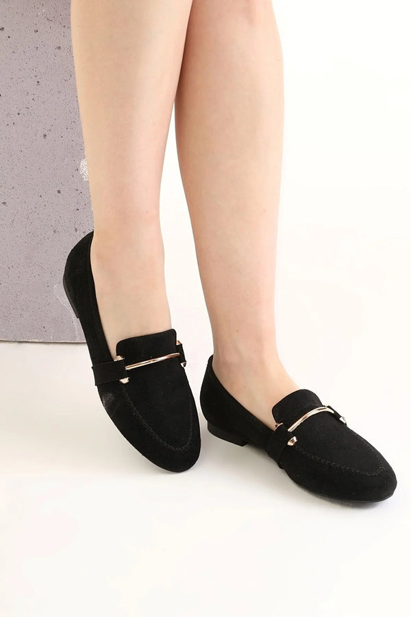 Black Suede Ballerinas with Gold Detail