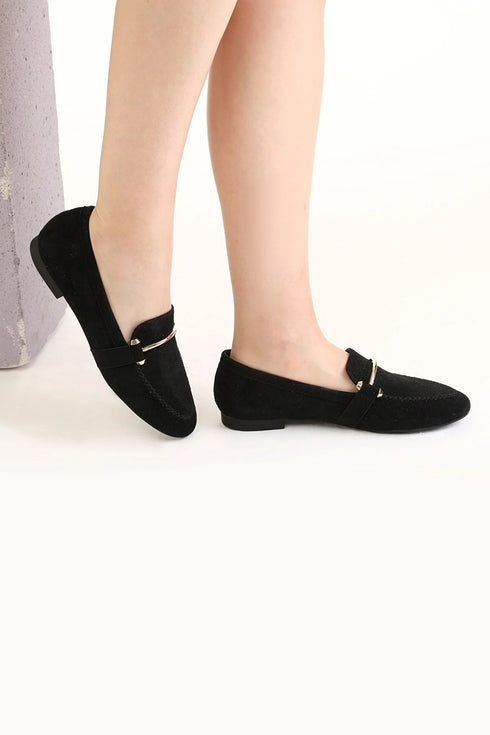 Black Suede Ballerinas with Gold Detail