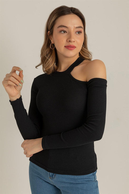 بلوزة بكتف واحد - أسود
