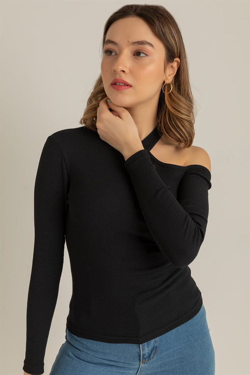 بلوزة بكتف واحد - أسود