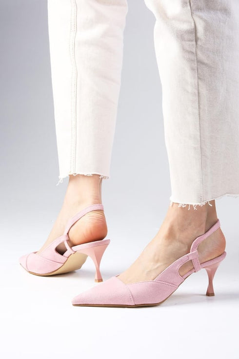 حذاء بكعب عالي مفتوح من الخلف باللون الوردي