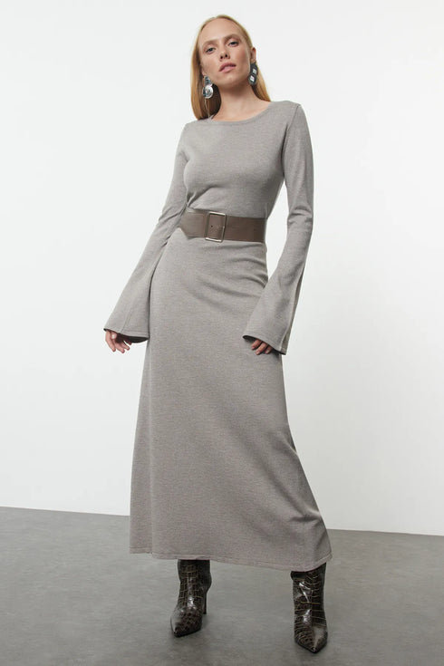 فستان طويل تريكو بحزام - بني