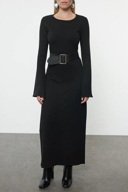 فستان طويل تريكو بحزام - أسود