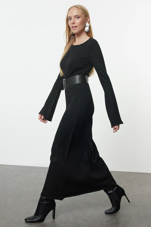 فستان طويل تريكو بحزام - أسود