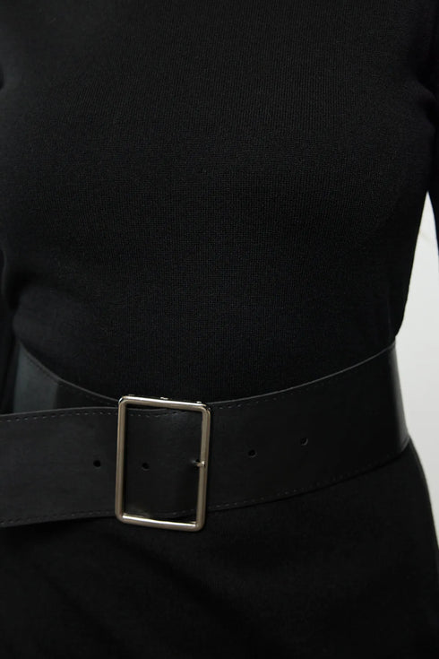 فستان طويل تريكو بحزام - أسود