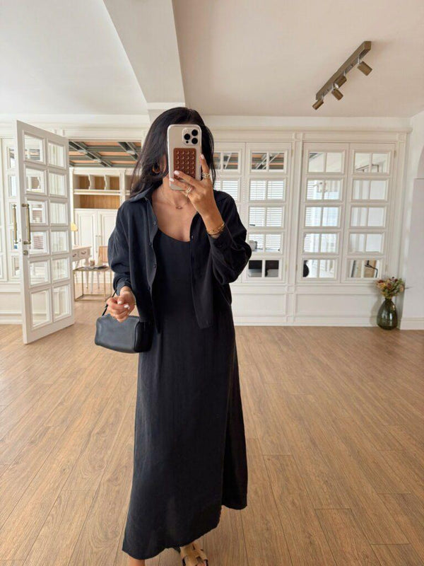 طقم فستان مع قميص - أسود