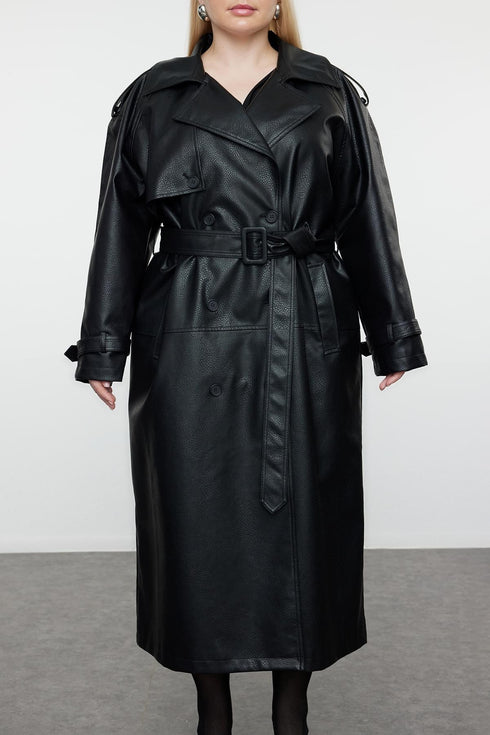 معطف جلد بمقاسات كبيرة باللون الأسود