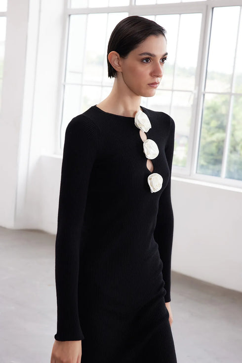 فستان ماكسي لون أسود مزين بتفاصيل وردية