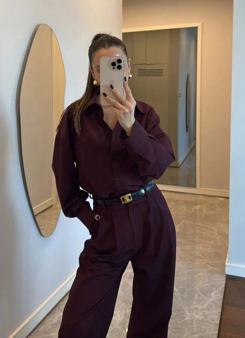 طقم قميص مع بنطلون - برغندي