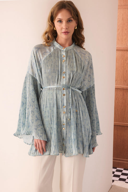 قميص منقوش بكسرات - فيروزي