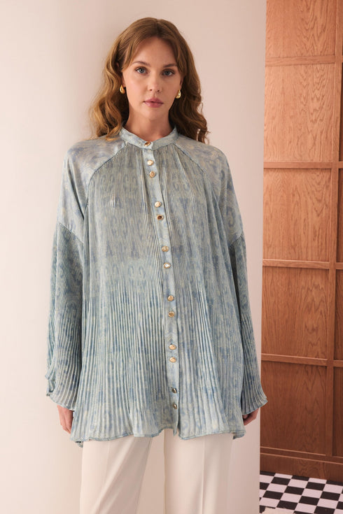 قميص منقوش بكسرات - فيروزي