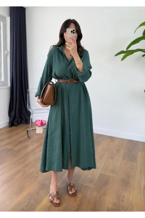 فستان بلون أخضر مع حزام جلد كاميل