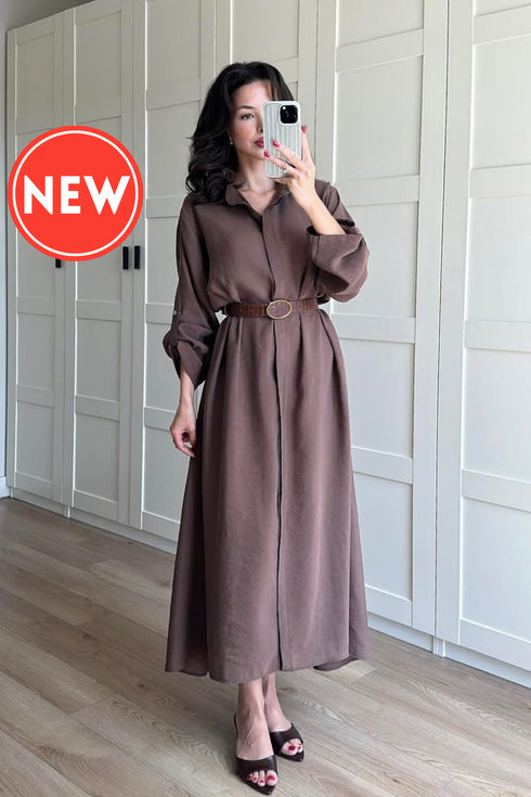 فستان بلون بني مع حزام جلد كاميل