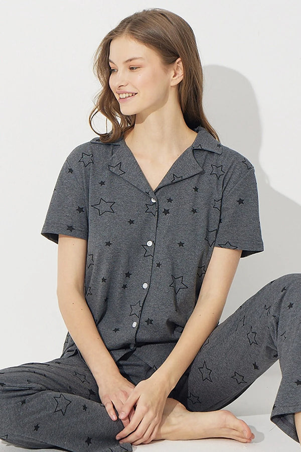 Anthracite Short Sleeve Cotton Pajamas Set