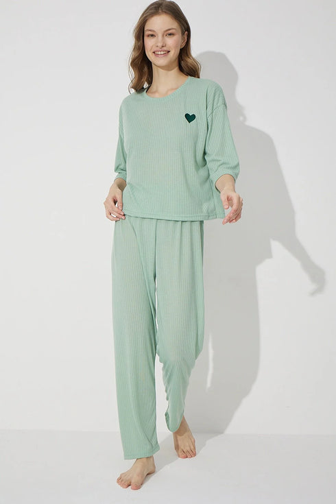 Green Soft Touch Fine Knitted Embroidered Pajamas Set