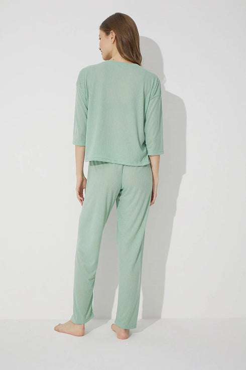 Green Soft Touch Fine Knitted Embroidered Pajamas Set