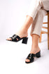 Black Leather Patterned Heeled Slippers