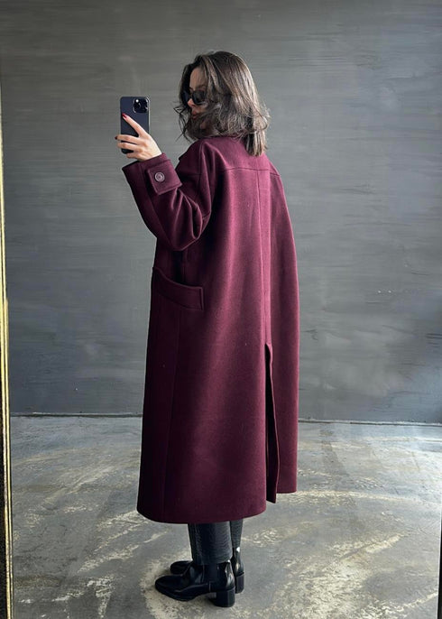 جكيت جوخ كاشمير طويل بحزام - لون بوردو