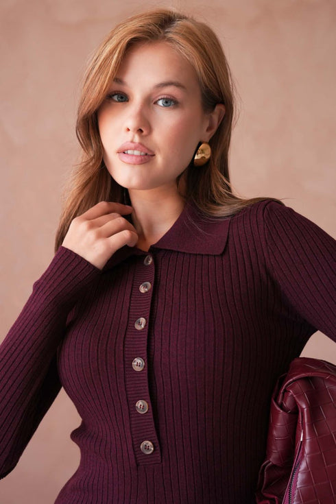 فستان خريفي ميدي بأزرار أمامية – لون خمري