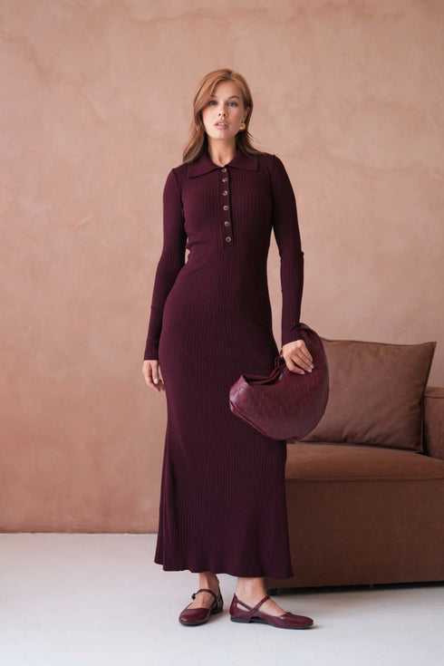 فستان خريفي ميدي بأزرار أمامية – لون خمري