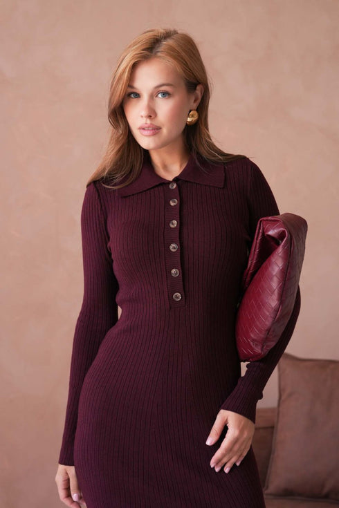 فستان خريفي ميدي بأزرار أمامية – لون خمري