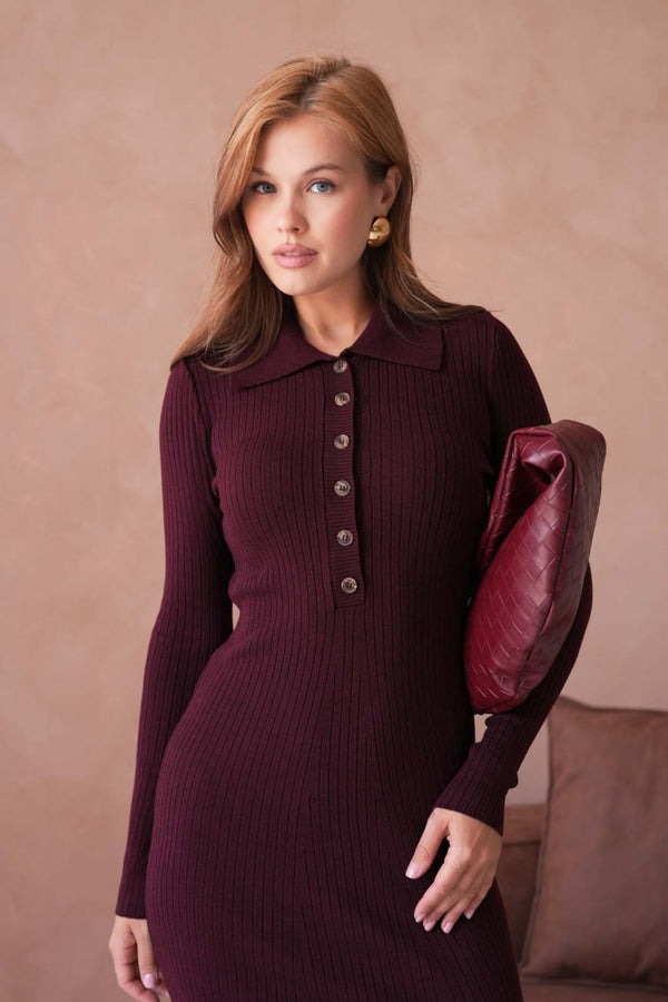 فستان خريفي ميدي بأزرار أمامية – لون خمري