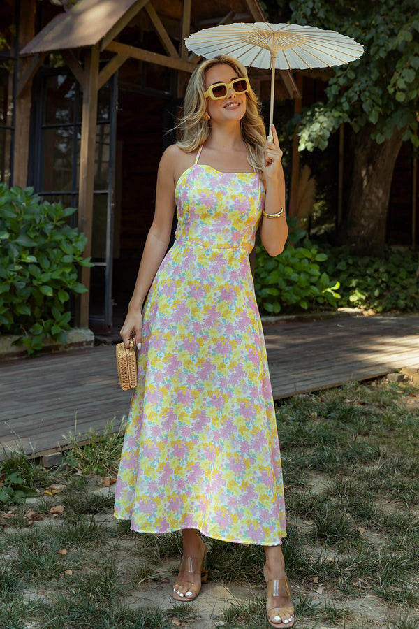 فستان صيفي مزهر بربطة ظهر