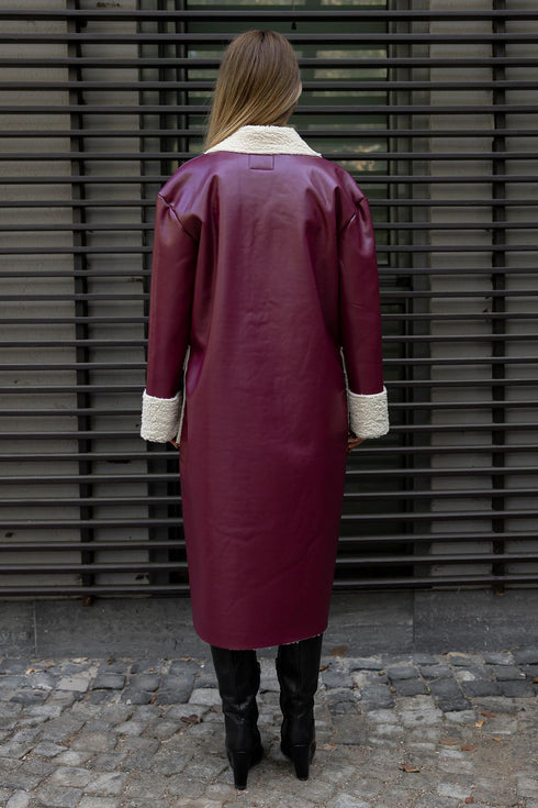 معطف طويل من الجلد الصناعي - بوردو