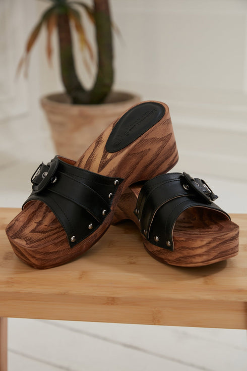 Black Faux Leather Buckle Detailed Slippers