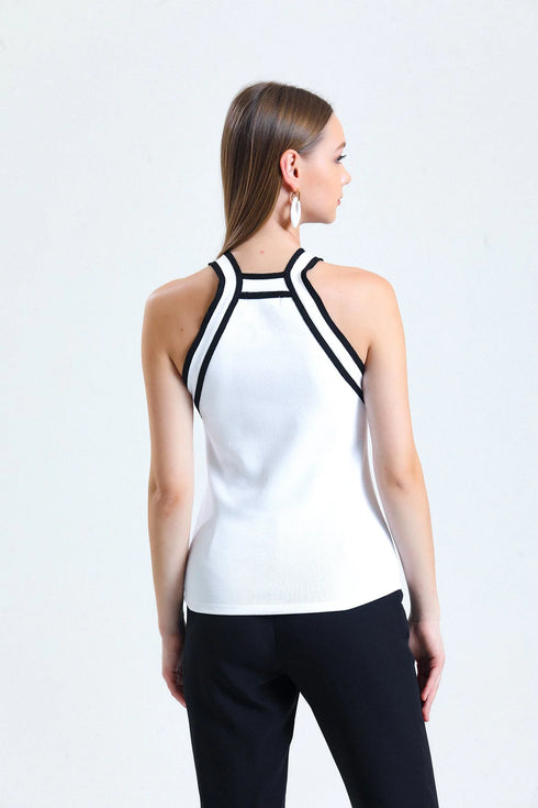 Ecru Knit Fabric Black Detailed Singlet