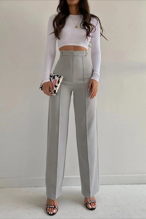 Women's Gray Front Stitched High Waist Trousers